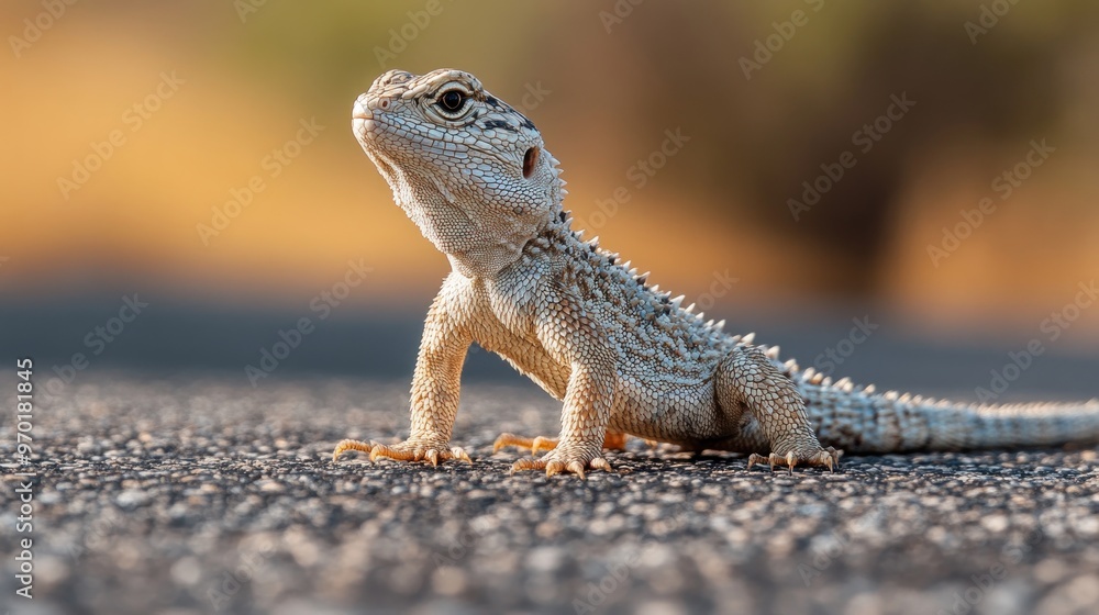 Close-up of a lizard on a road with a blurred background. Close-up of a lizard on a road with a blurred background.