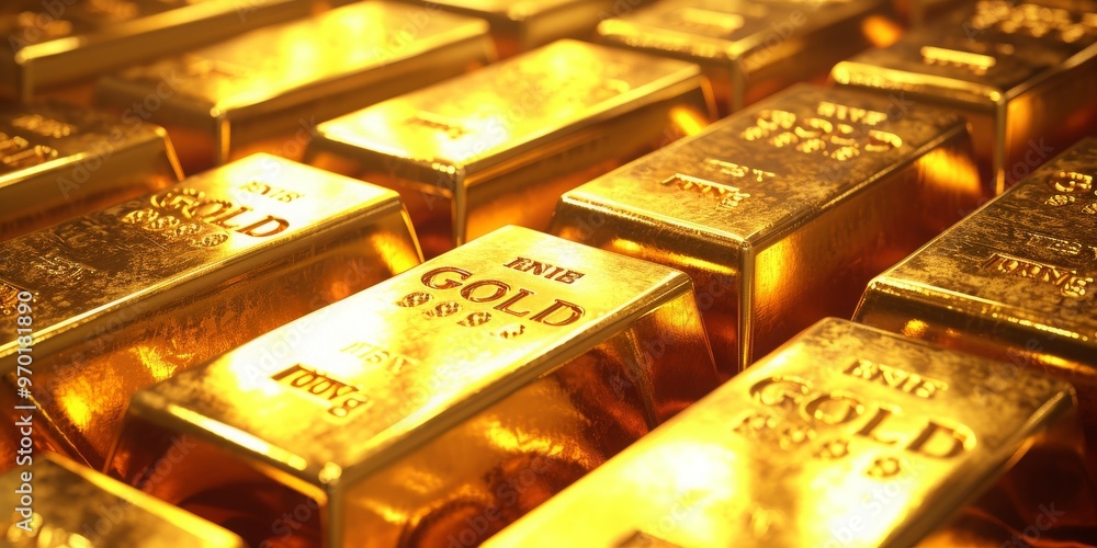 Shiny gold bars displayed in an arranged manner Shiny gold bars displayed in an arranged manner