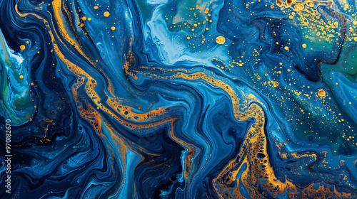 Hand-painted background with mixed liquid blue and golden paints. Abstract fluid acrylic painting. Modern art. Marbled blue abstract background. Liquid marble pattern.