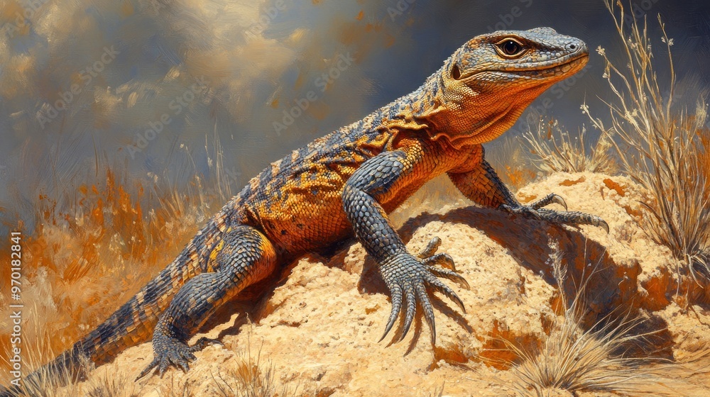A detailed illustration of a lizard on a rocky surface. A detailed illustration of a lizard on a rocky surface.