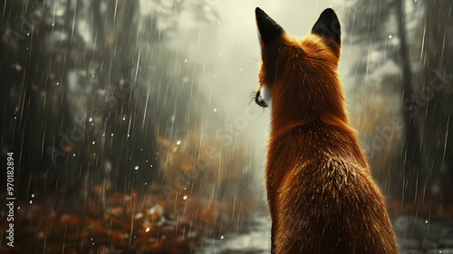 Capture the mystique of a rear view fox in a rainy forest, with striking realism perfect for digital art contrast the sleek fox against blurred raindrops and a misty background. Realism. Illustration photo