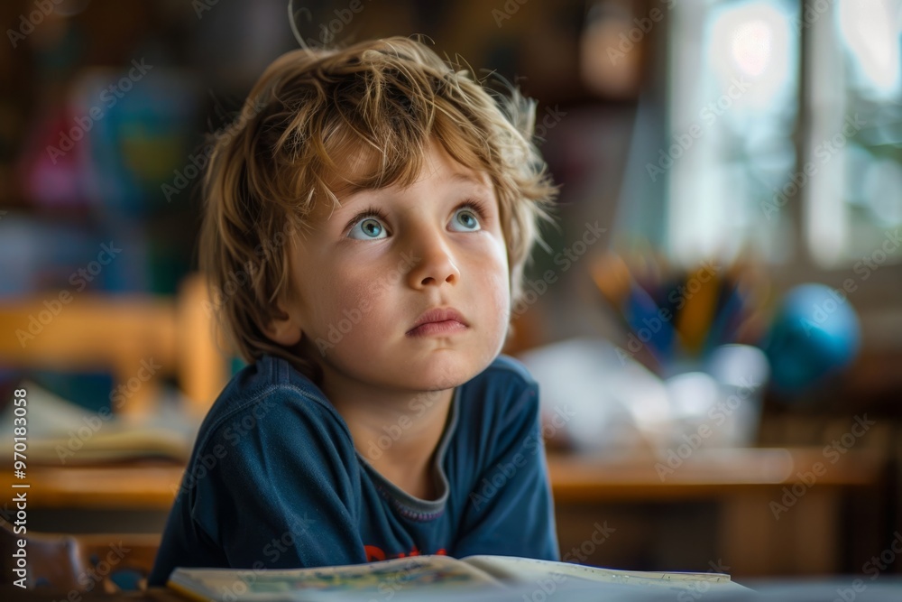 A boy sits in class and looks thoughtfully to the side A boy sits in class and looks thoughtfully to the side