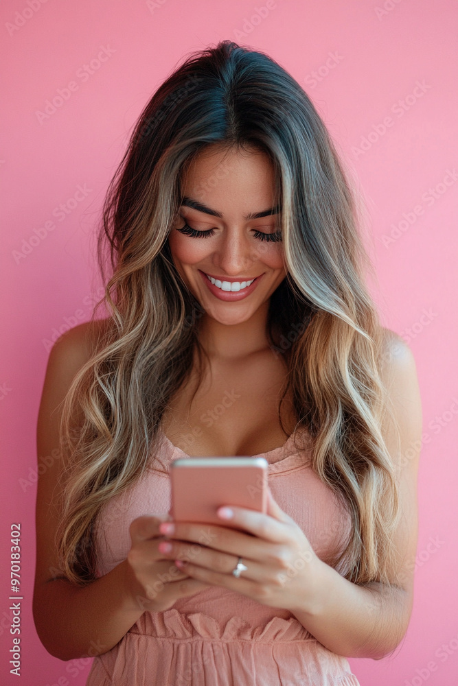 A 40 years old woman smiling while holding her smartphone and typing A 40 years old woman smiling while holding her smartphone and typing