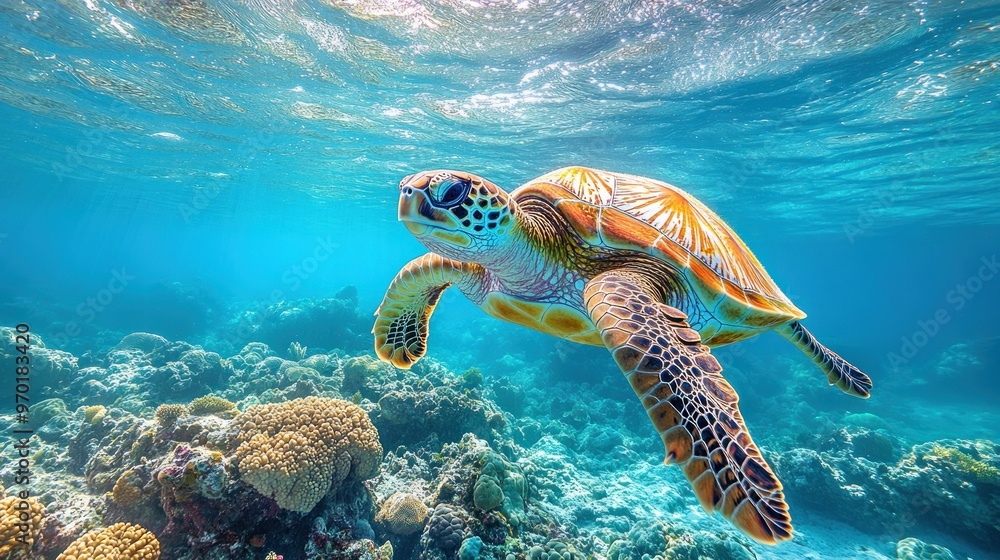 A sea turtle swimming gracefully above vibrant coral reefs. A sea turtle swimming gracefully above vibrant coral reefs.