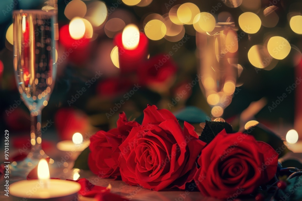 A romantic dinner with two champagne flutes, a plate of roses, and candles, generative ai image A romantic dinner with two champagne flutes, a plate of roses, and candles, generative ai image