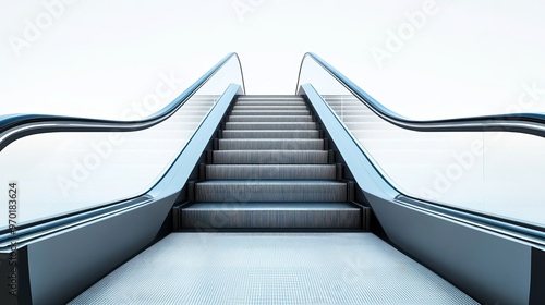 An isolated escalator against a white backdrop. 3d rendering. close-up view photo