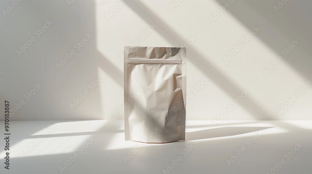A clean, white packaging bag stands upright on a smooth table surface, enhanced by soft natural light creating gentle shadows in a minimalist environment A clean, white packaging bag stands upright on a smooth table surface, enhanced by soft natural light creating gentle shadows in a minimalist environment