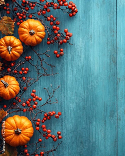 Wallpaper Mural top view of autumn pumpkins on wooden background Torontodigital.ca