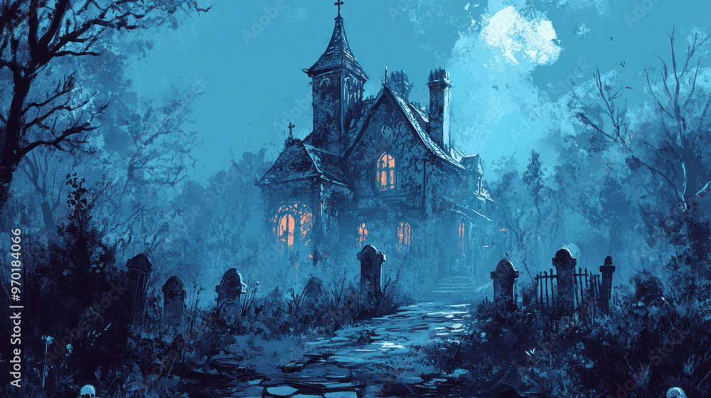 custom made wallpaper toronto digitalCreepy House in the Woods with Gravestones Background, Abstract Style Digital Illustration