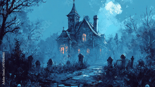 Wallpaper Mural Creepy House in the Woods with Gravestones Background, Abstract Style Digital Illustration Torontodigital.ca