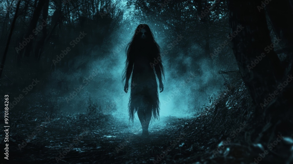 Fototapeta premium Silhouette of a woman in a dark, creepy forest, perfect horror concept. Shadows, fear, and night blend with eerie, ominous atmosphere. Halloween, daemon, ghost, murder, and thriller scene. 