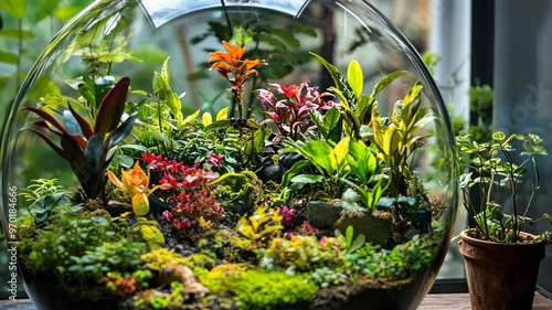 Creating a vibrant terrarium with tropical plants and moss in a glass container at home