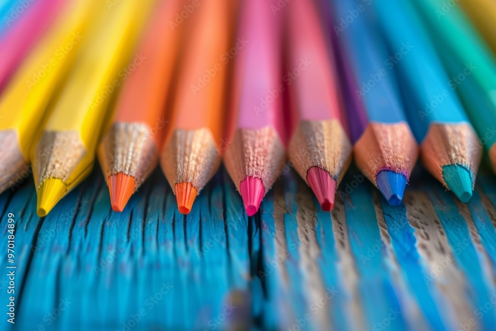 Many colored pencils on a wooden table. Back to school. Creation. Stationery. Art. Education Many colored pencils on a wooden table. Back to school. Creation. Stationery. Art. Education