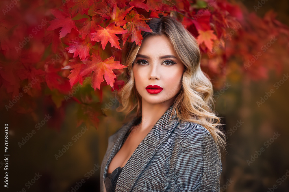 Elegant young blonde woman beneath red maple leaves in the fall. Beautiful woman posing with red lipstick. Elegant young blonde woman beneath red maple leaves in the fall. Beautiful woman posing with red lipstick.