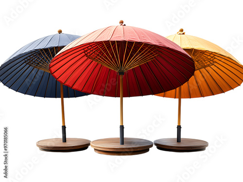 Wallpaper Mural  Three colorful umbrellas displayed on a wooden stand, showcasing a variety of designs and patterns in a neat arrangement. Torontodigital.ca