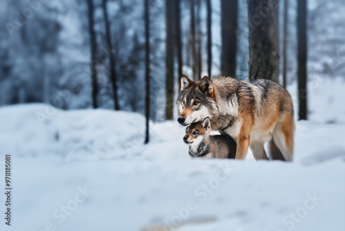 Mother wolf standing protectively over her young cub in the snowy forest during winter. photo