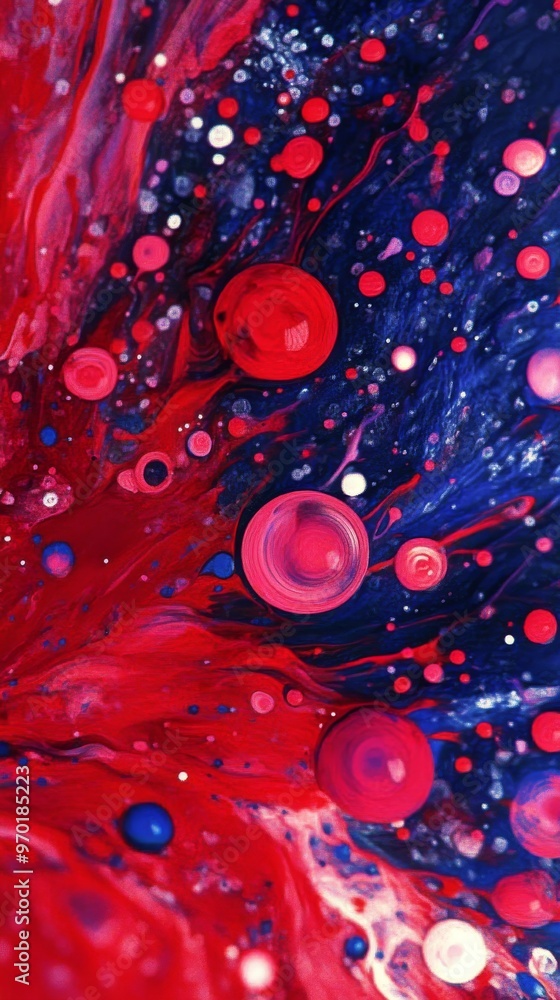Vibrant abstract painting with swirling red and blue patterns, artistic concept