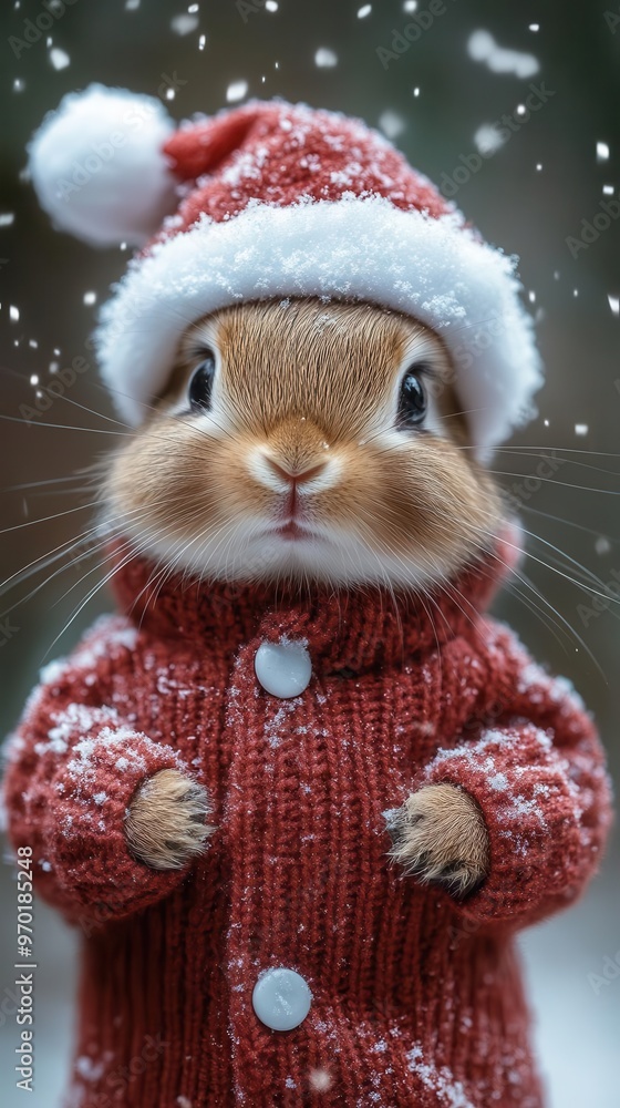 whimsical scene of tiny rabbit dressed as santa claus adorable bunny poses in miniature christmas outfit amidst gently falling snow creating magical holiday atmosphere whimsical scene of tiny rabbit dressed as santa claus adorable bunny poses in miniature christmas outfit amidst gently falling snow creating magical holiday atmosphere