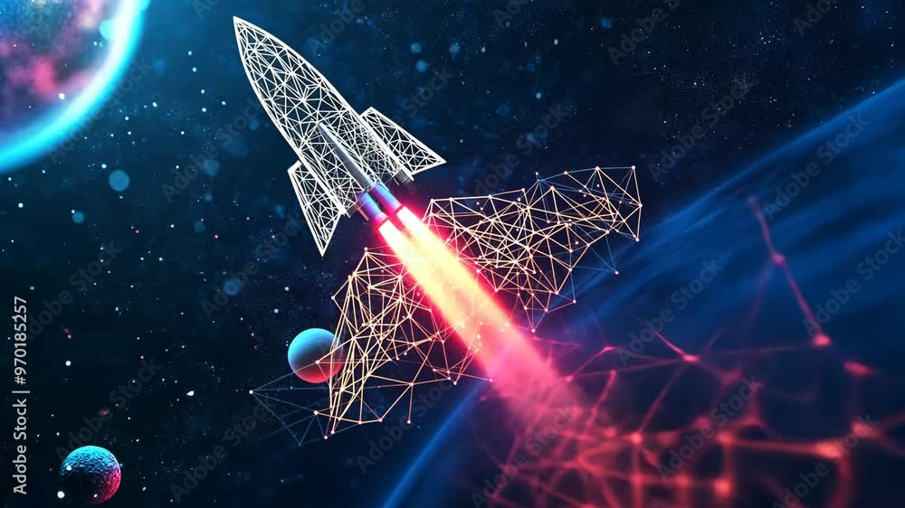 A futuristic rocket launches into space, exploring distant planets and cosmic phenomena in a vibrant, digital universe A futuristic rocket launches into space, exploring distant planets and cosmic phenomena in a vibrant, digital universe
