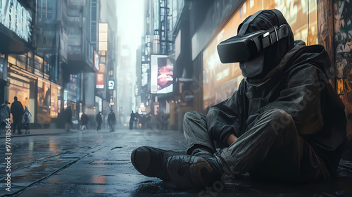 Editorial photo of a homeless individual wearing vr goggles on a city street, blending realism and technology. Realism. Illustration