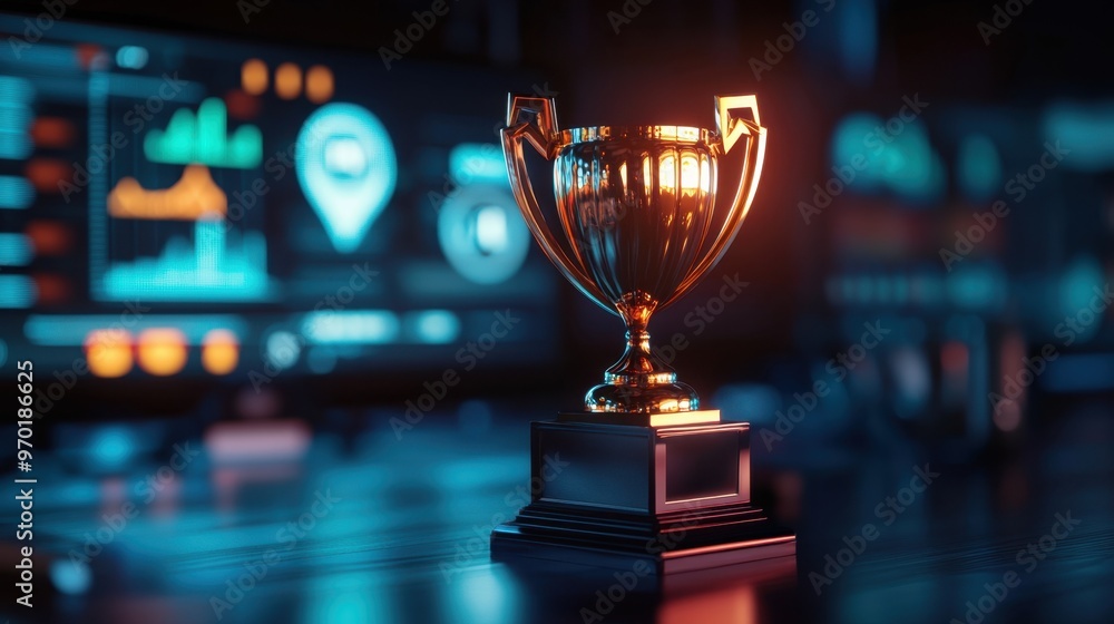 A shining trophy illuminated against a backdrop of digital screens and data analytics, symbolizing achievement and success in a technological setting. A shining trophy illuminated against a backdrop of digital screens and data analytics, symbolizing achievement and success in a technological setting.