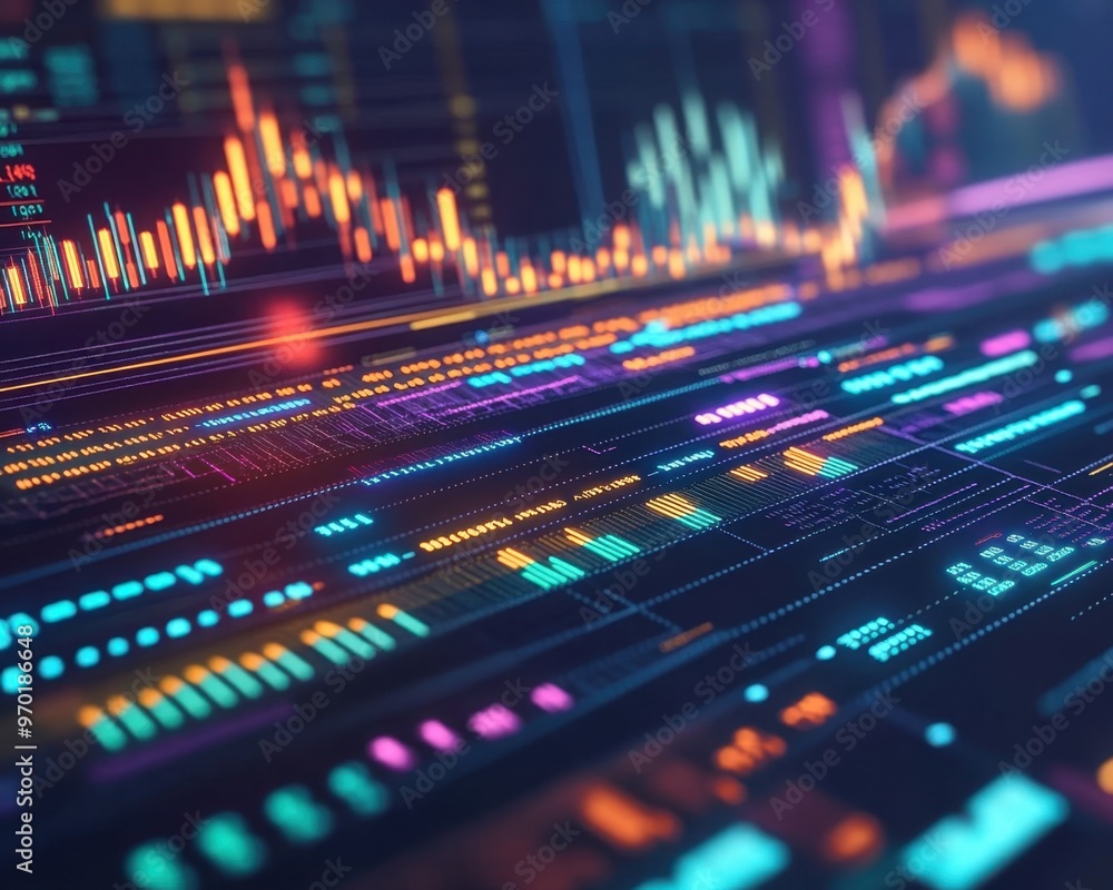Vibrant digital financial graphs and charts depicting market data analysis in a modern futuristic style on a neon-lit interface. Vibrant digital financial graphs and charts depicting market data analysis in a modern futuristic style on a neon-lit interface.