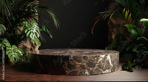 Luxurious stonemarble pedestal basks in foliage gobo sunlight Wooden rod backdrop adds depth and elegance Ideal for premium product showcases and sophisticated designs : Generative AI photo