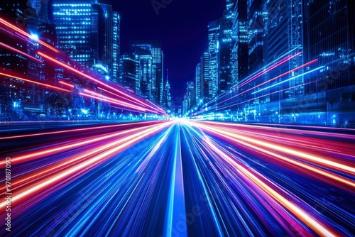 Cityscape with Blurred Light Trails on a Night Road