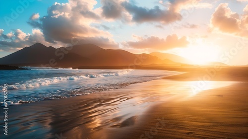 Sunset on the beach the golden rays of the sun illuminate the clouds and the mountains in the background while the calm ocean washes the beach Playa Del Reducto Lanzarote Canary Island : Generative AI photo