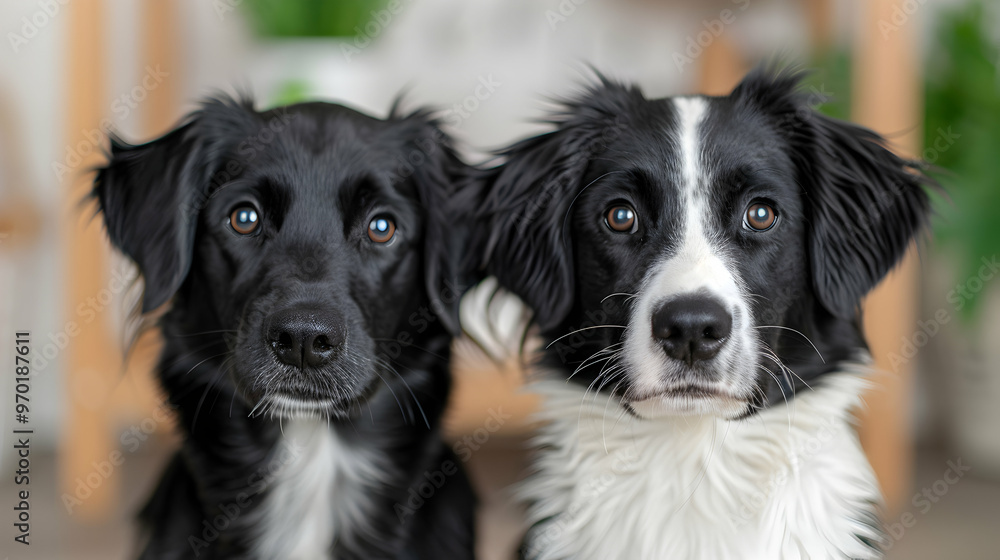 Two Black And White Dogs Staring Directly Two Black And White Dogs Staring Directly