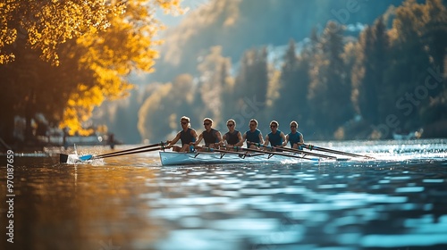 Rowing team rowing scull on lake : Generative AI photo