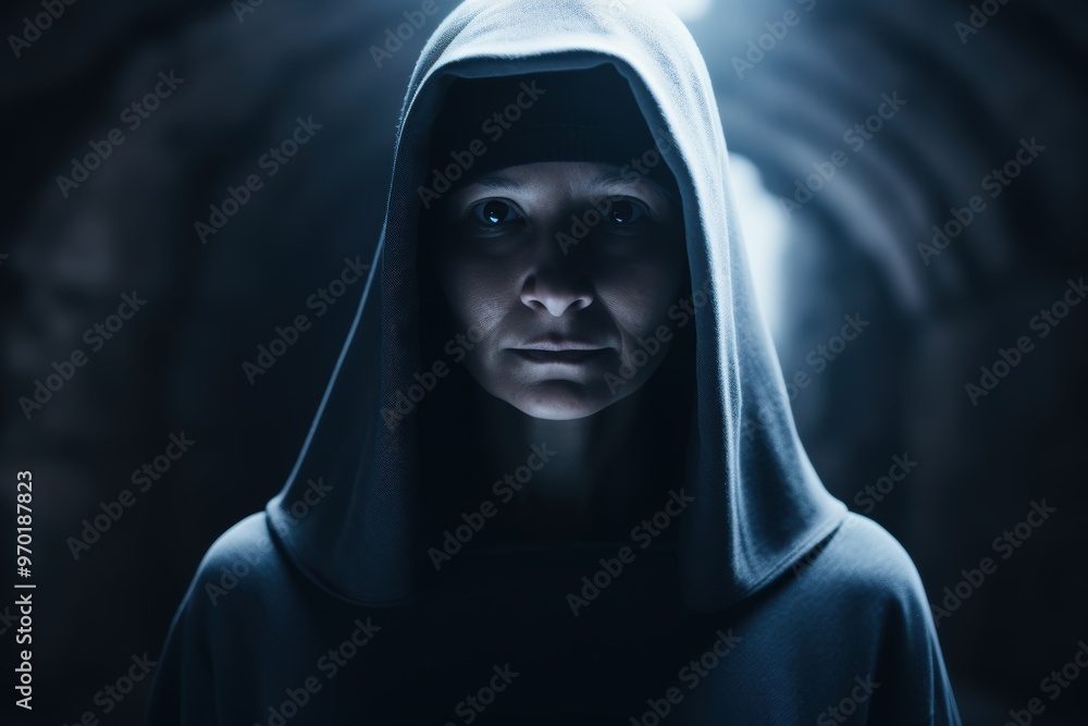 Mysterious hooded figure in the dark Mysterious hooded figure in the dark
