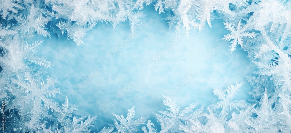 Icy winter wonderland with frozen snowflakes Icy winter wonderland with frozen snowflakes