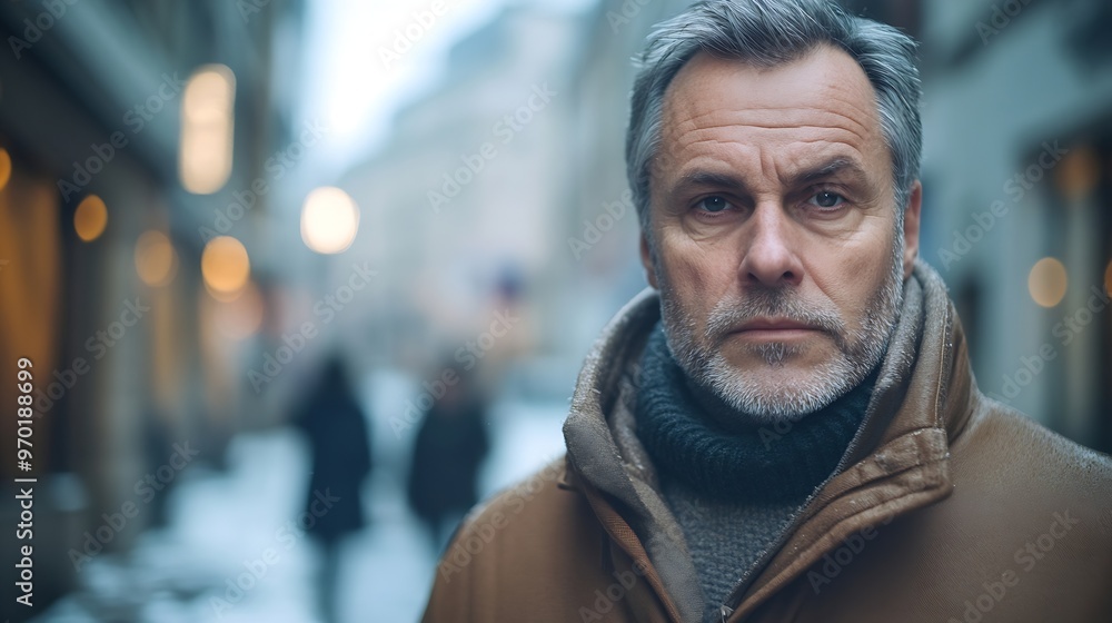 Fototapeta premium Dramatic portrait of a resilient middleaged man standing in street looking at camera in tracking shot motion Older person character intensity and determination : Generative AI