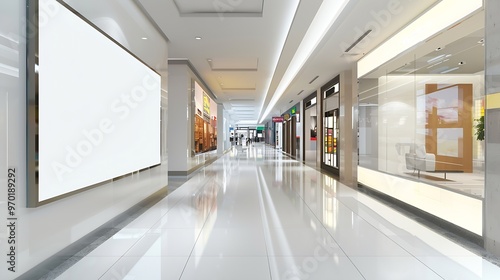 Mockup perspective white horizontal blank billboard on the wall of shop near corridor in shopping mall empty Space for insert advertisement promotion or information : Generative AI