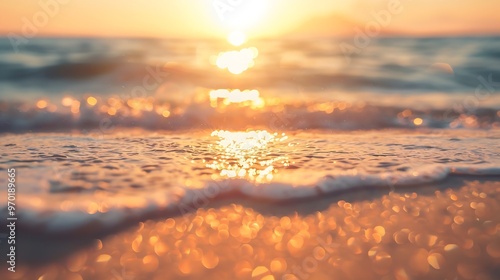 Orange golden sunset sunrise sky calm tranquil relaxing sunlight summer Closeup sea sand beach Panoramic beach landscape Inspire tropical seascape waves horizon Peaceful nature Mediter : Generative AI photo