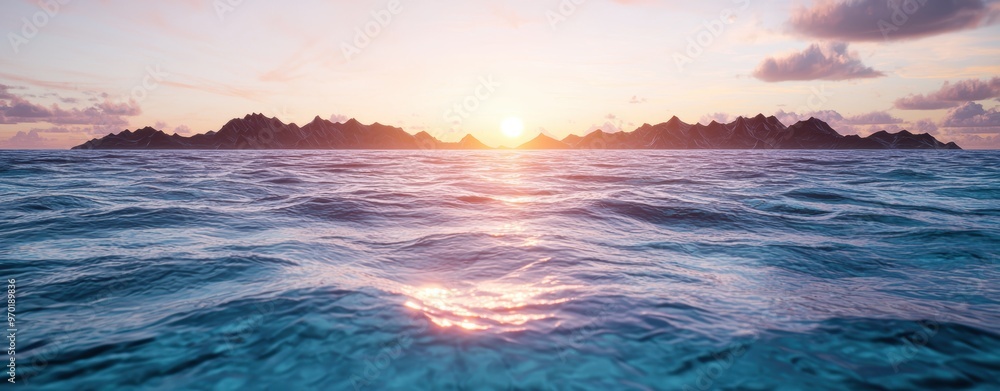 Obraz premium Stunning sunset over the ocean with majestic mountains in the distance