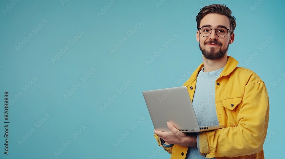 Happy young man holding his laptop computer looking aside at copy space on blue studio background Positive freelancer guy advertising online job offer Internet technology gadgets Panor : Generative AI Happy young man holding his laptop computer looking aside at copy space on blue studio background Positive freelancer guy advertising online job offer Internet technology gadgets Panor : Generative AI