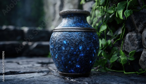 Ornate ceramic vase with blue and black glaze photo