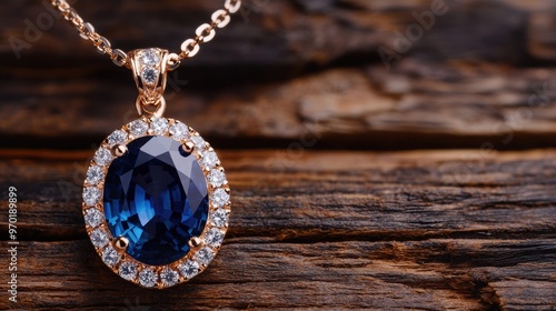 Elegant blue gemstone pendant on wooden background