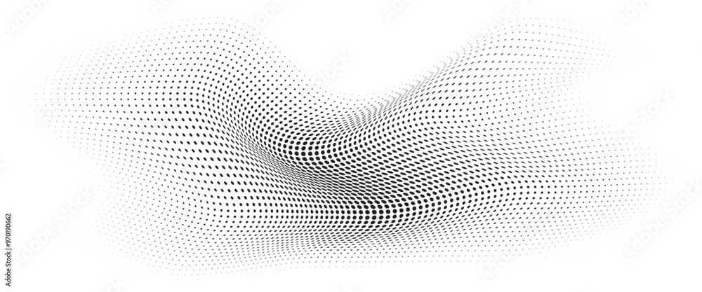 Flowing Wave Dot Halftone Pattern: Curve Gradient Shape on Transparent Background. Suitable for AI, Tech, Network, Digital, Science, and Technology Themes. Flowing Wave Dot Halftone Pattern: Curve Gradient Shape on Transparent Background. Suitable for AI, Tech, Network, Digital, Science, and Technology Themes.