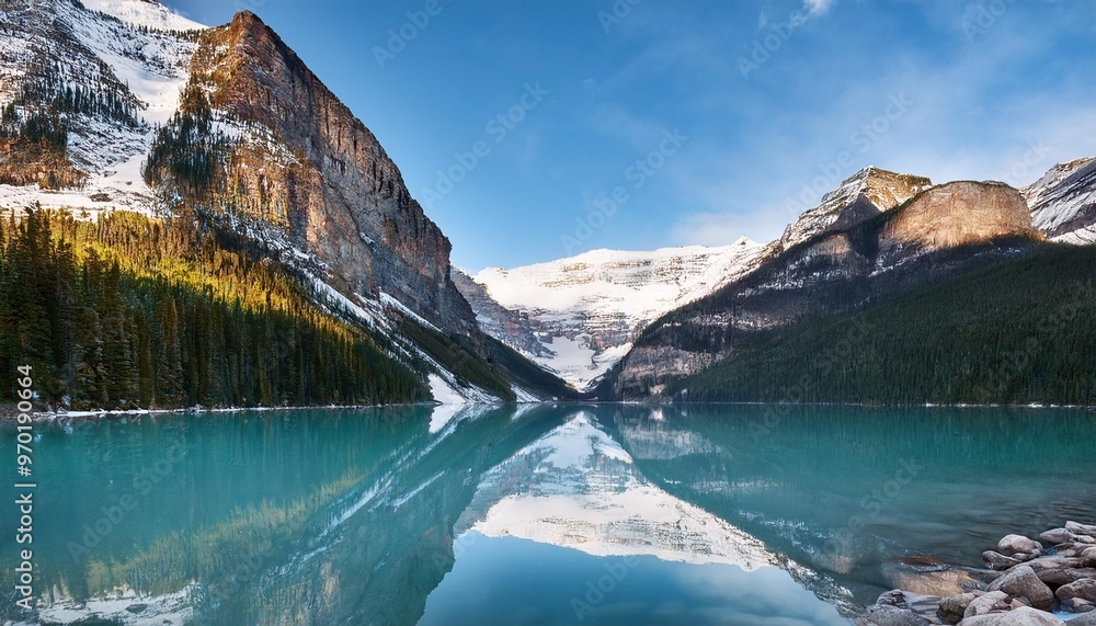 The Mirror-Like Surface of Lake Louise, Surrounded by Snow-Capped Mountains The Mirror-Like Surface of Lake Louise, Surrounded by Snow-Capped Mountains