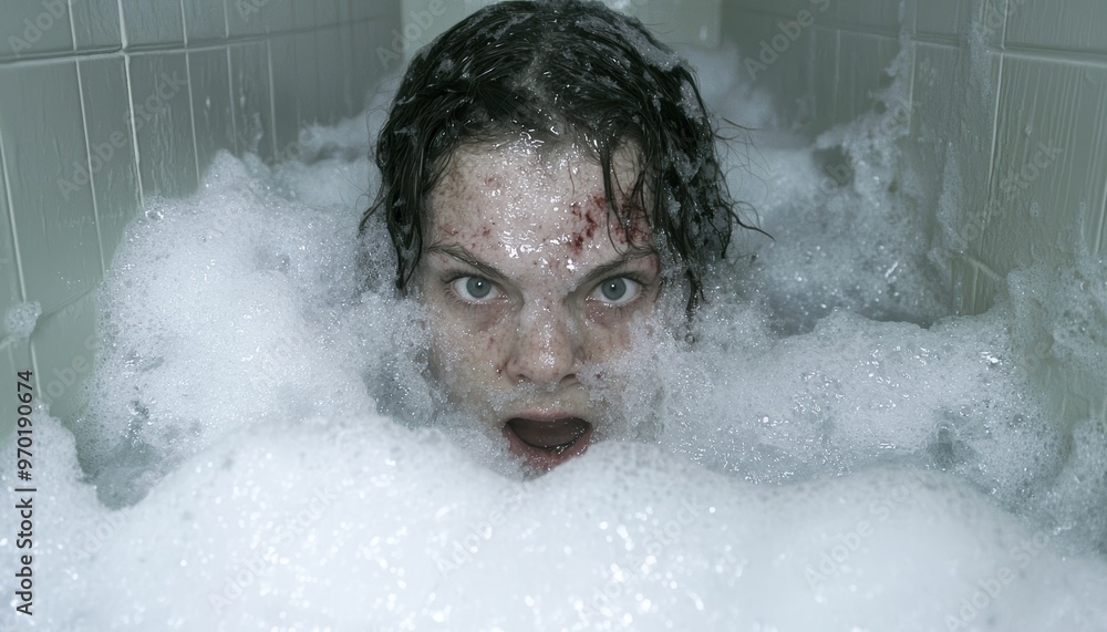 Frightened woman in bathtub with bubbles Frightened woman in bathtub with bubbles