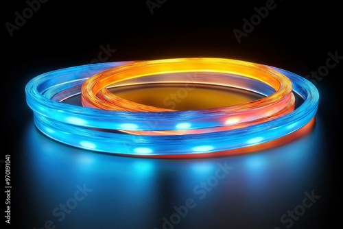 Intertwined Blue and Orange LED Strips on Black Background