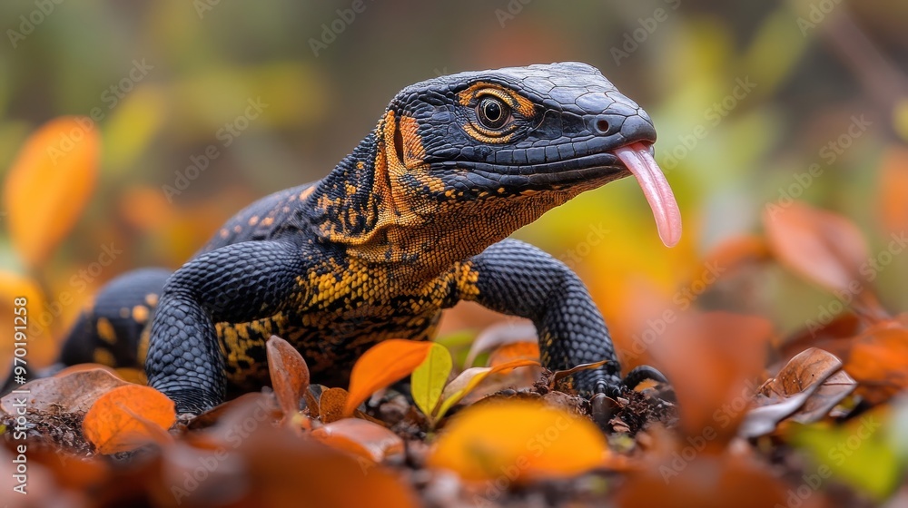Obraz premium A close-up of a colorful lizard among autumn leaves.