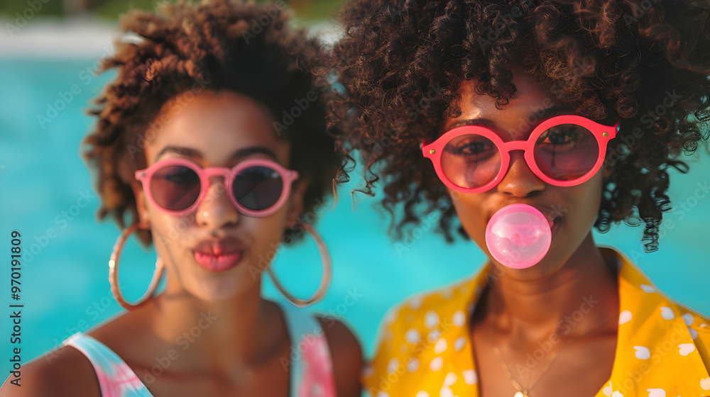 Two Happy Friends Blowing Bubble Gum The Sea