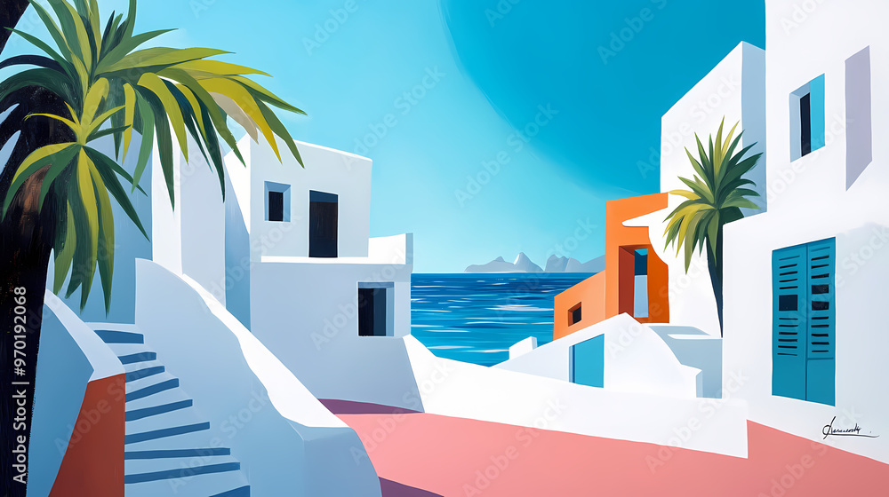 Fototapeta premium Illustration, white houses by the ocean in cubist style. Cubist. Illustration