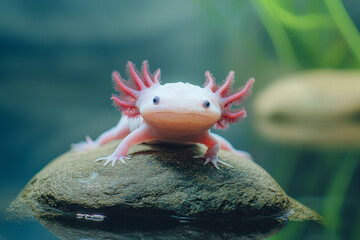 A cute axolotl poses on a stone.