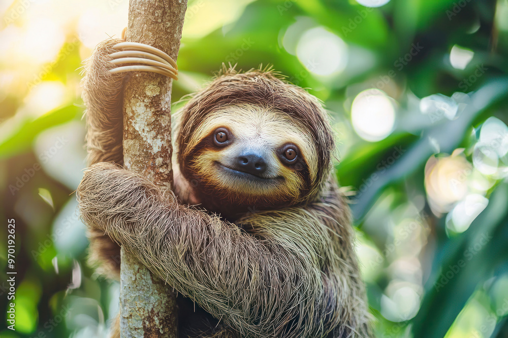 Cute sloth hanging on tree branch with funny face look, perfect portrait of wild animal in the Rainforest. Cute sloth hanging on tree branch with funny face look, perfect portrait of wild animal in the Rainforest.