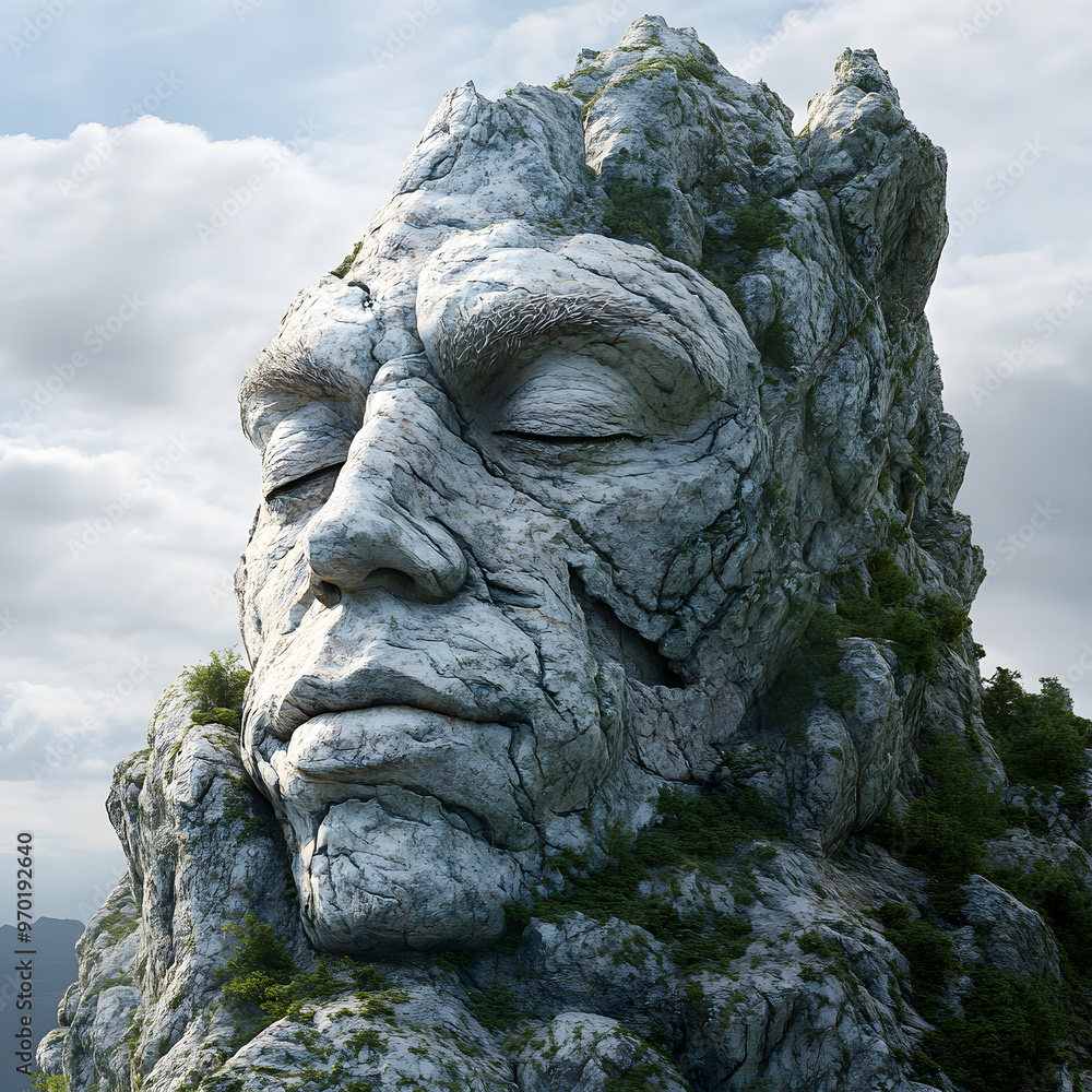 A mountain shaped like a human face, with details of the terrain forming facial features A mountain shaped like a human face, with details of the terrain forming facial features